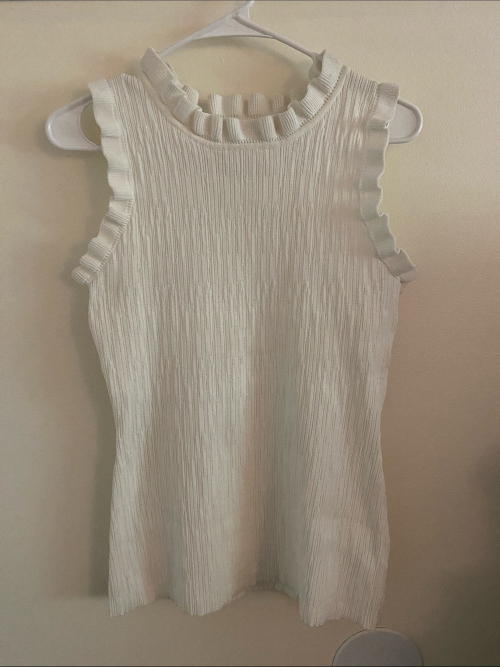 Current Air Cream Ribbed Ruffle-Neck Top